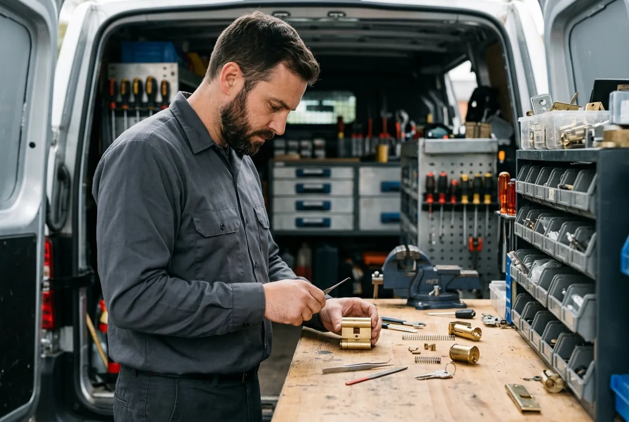 Locksmith working on a lock cylinder at the workbench inside his service van