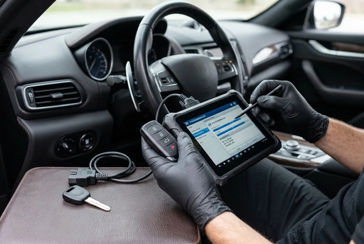 Technician programming a car key fob with a diagnostic tablet inside a vehicle