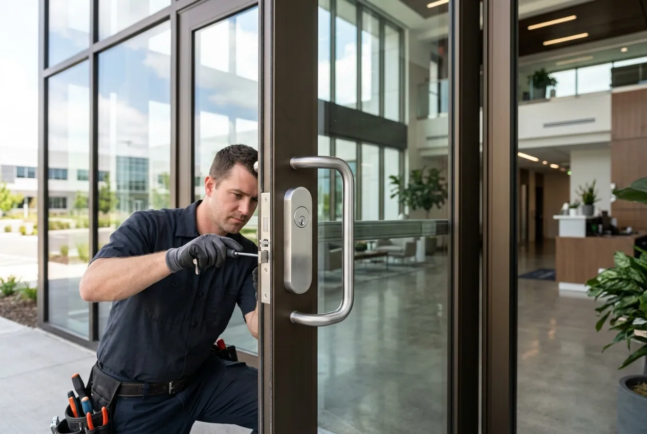 Technician fitting a lock to a glass entrance door of an office building