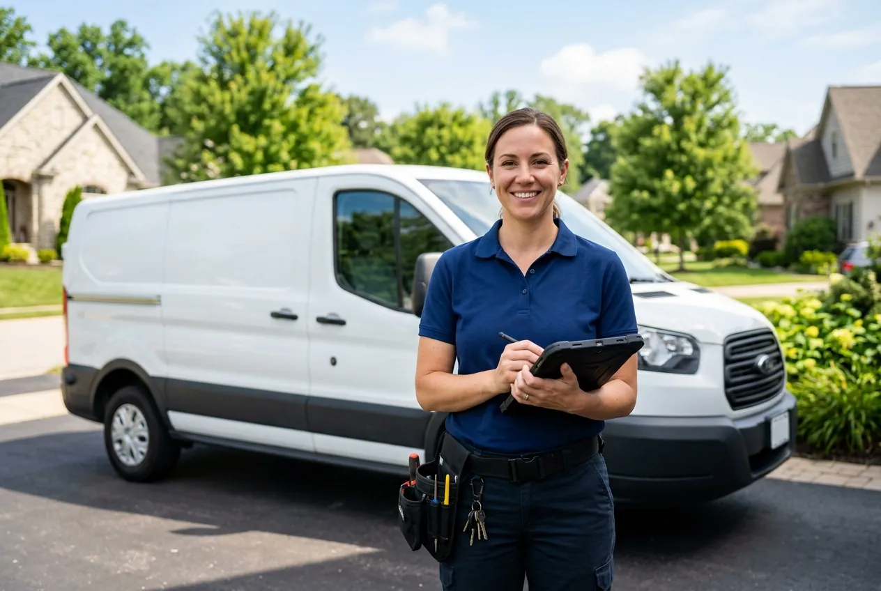 Locksmith holding a tablet beside a white service van on a residential driveway