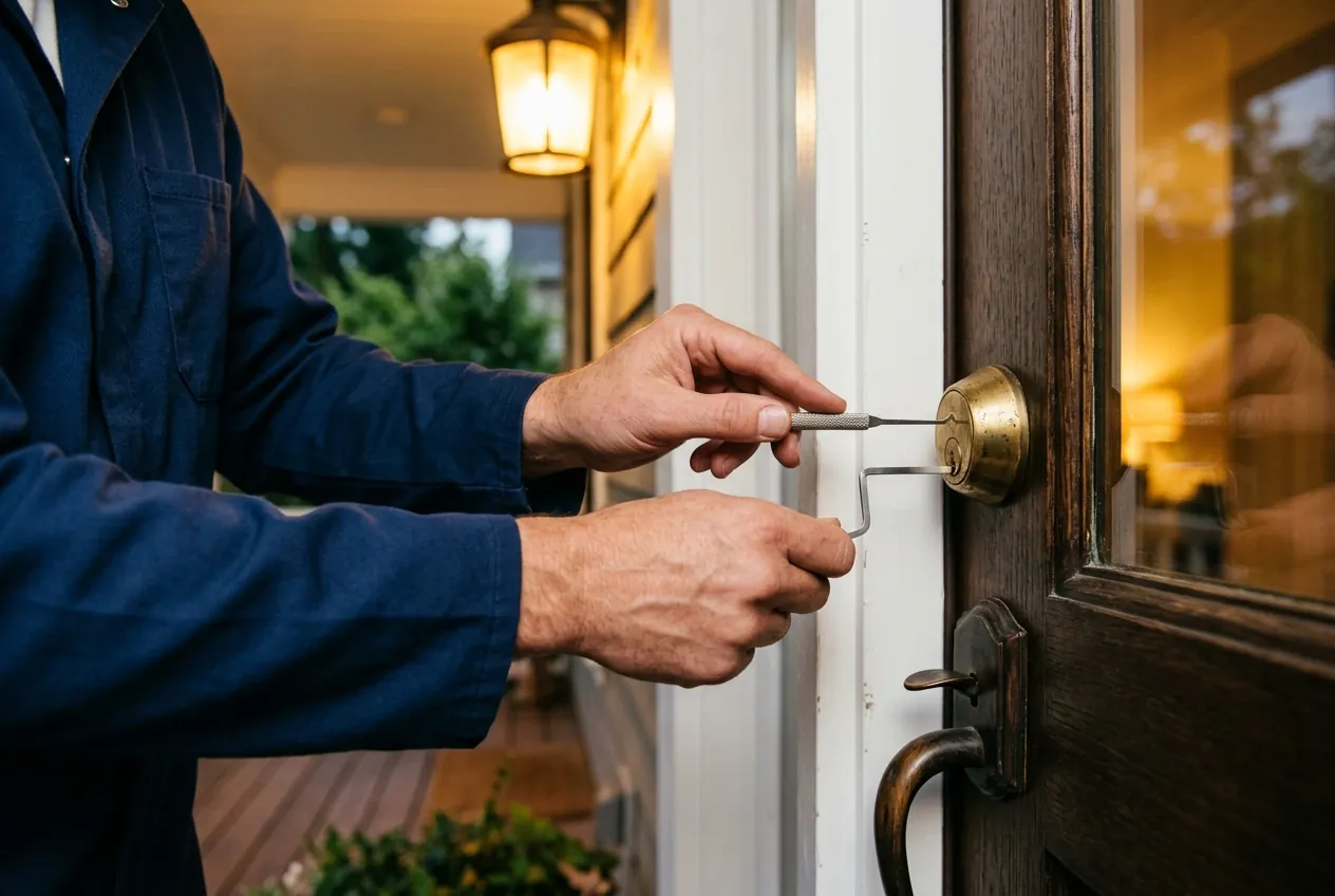 Locksmith picking a front door deadbolt under a porch light