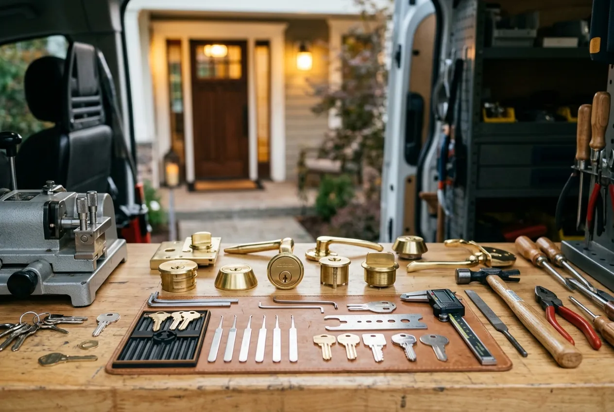 Locksmith tools, brass lock hardware, and key blanks laid out on a workbench at the back of a service van, with a front door behind