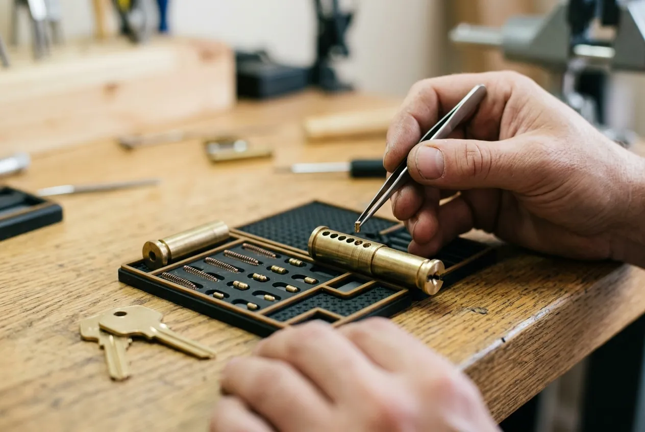 Tweezers placing pins into a brass lock cylinder on a workbench during a rekey