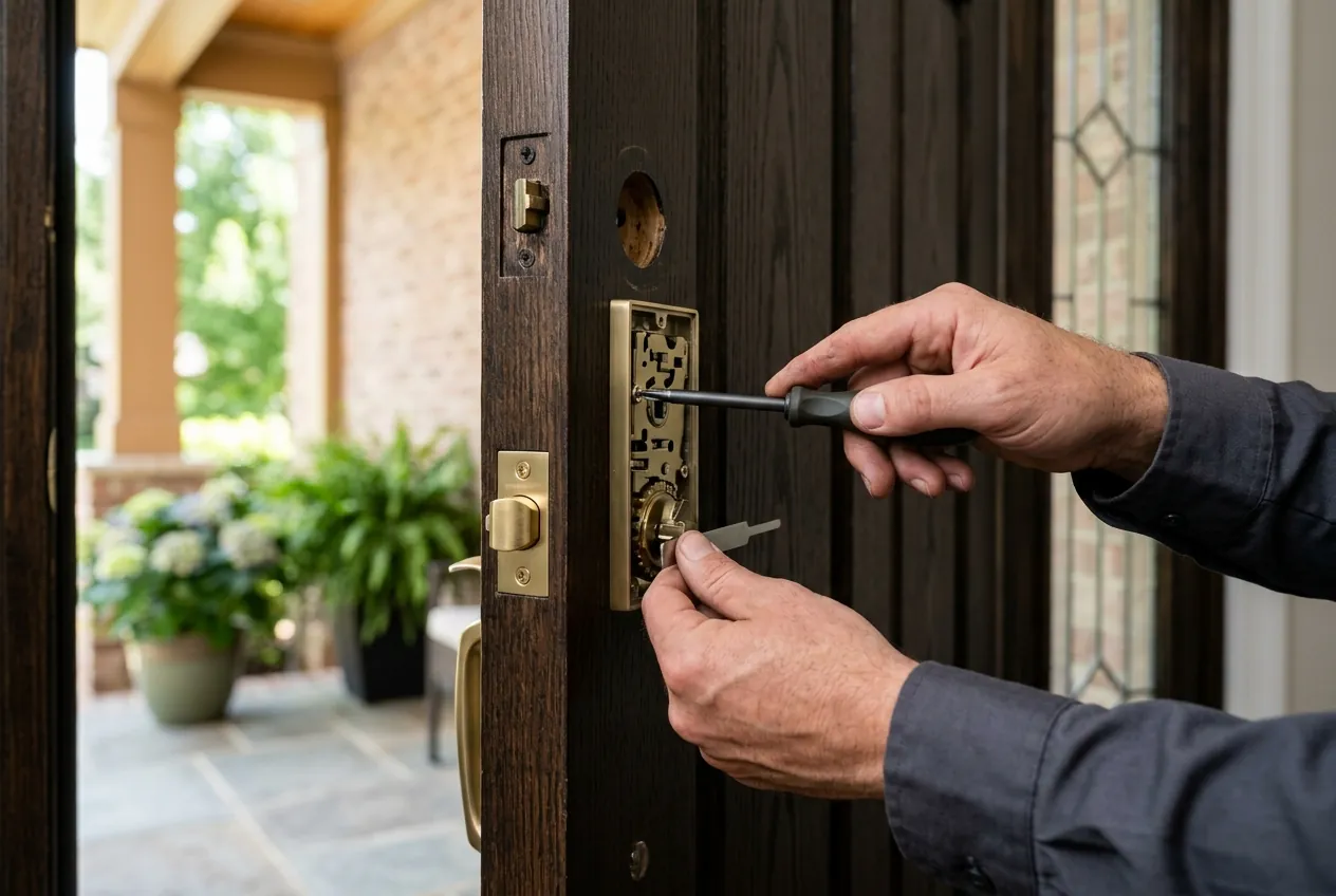 Locksmith's hands adjusting a mortise lock mechanism in a wooden front door