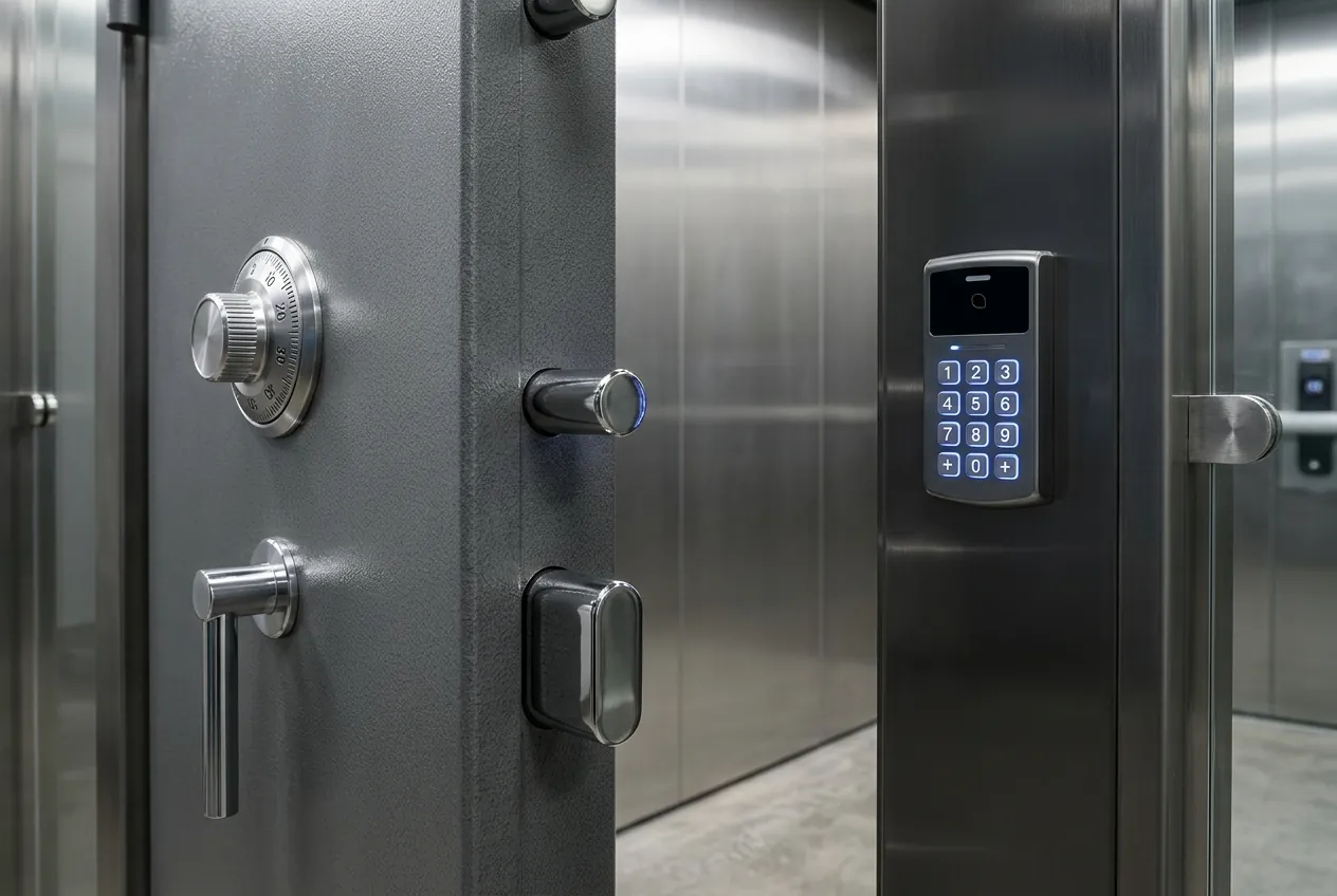 Safe door combination dial beside a wall-mounted keypad entry reader