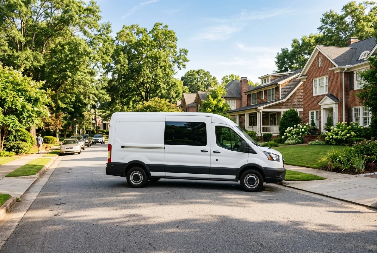 White service van parked on a tree-lined residential street of brick homes